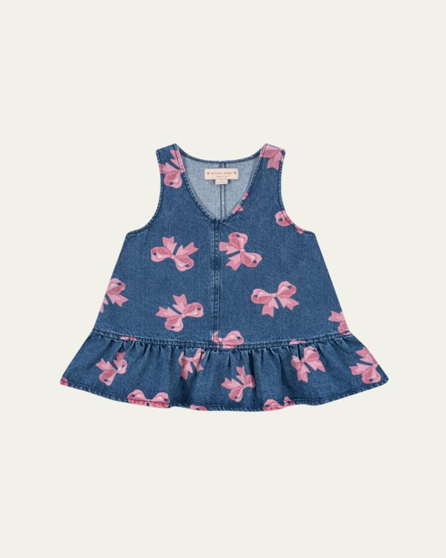 Girl's Magot Bow-Print Denim Dress, Size 18M